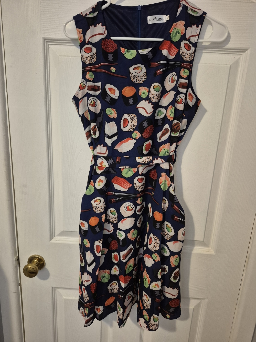 LaSoul Navy Sushi-Print Sleeveless A-Line Dress